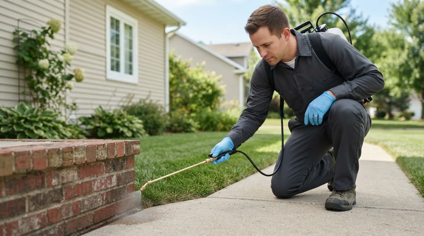 Pest control technician treating a home near Beech Grove, IN