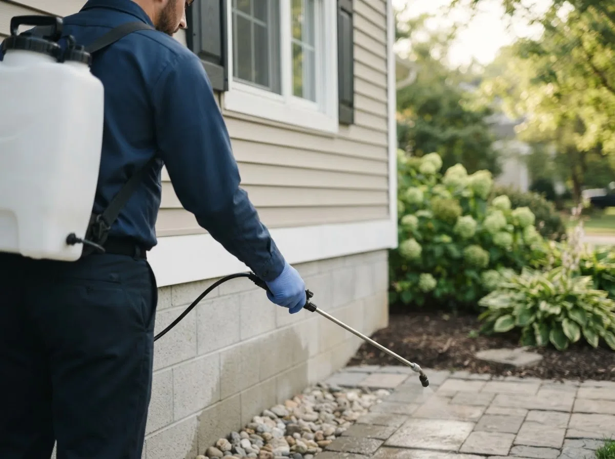 Pest control technician inspecting a home in Beech Grove, IN